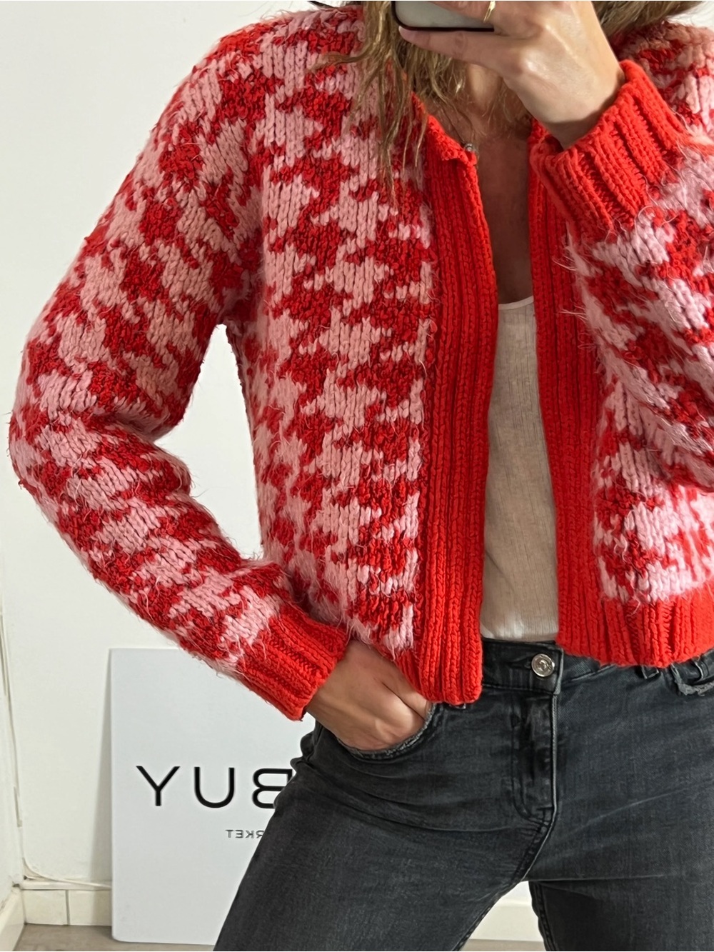 Zara Red and Pink Houndstooth Knit Cardigan